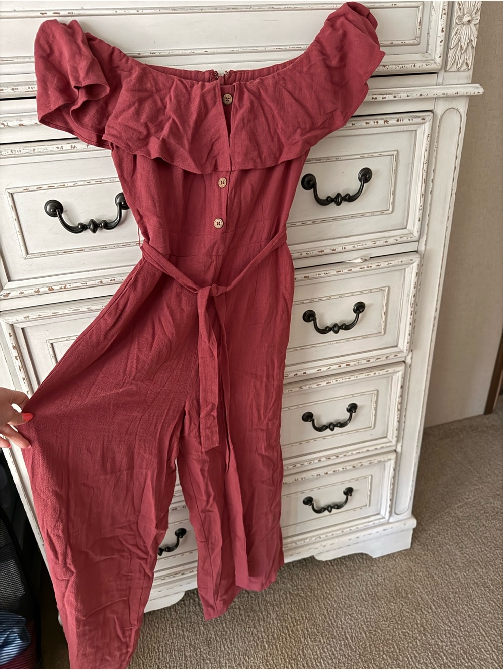 Lulu's Off-Shoulder Mauve Jumpsuit with Tie Waist